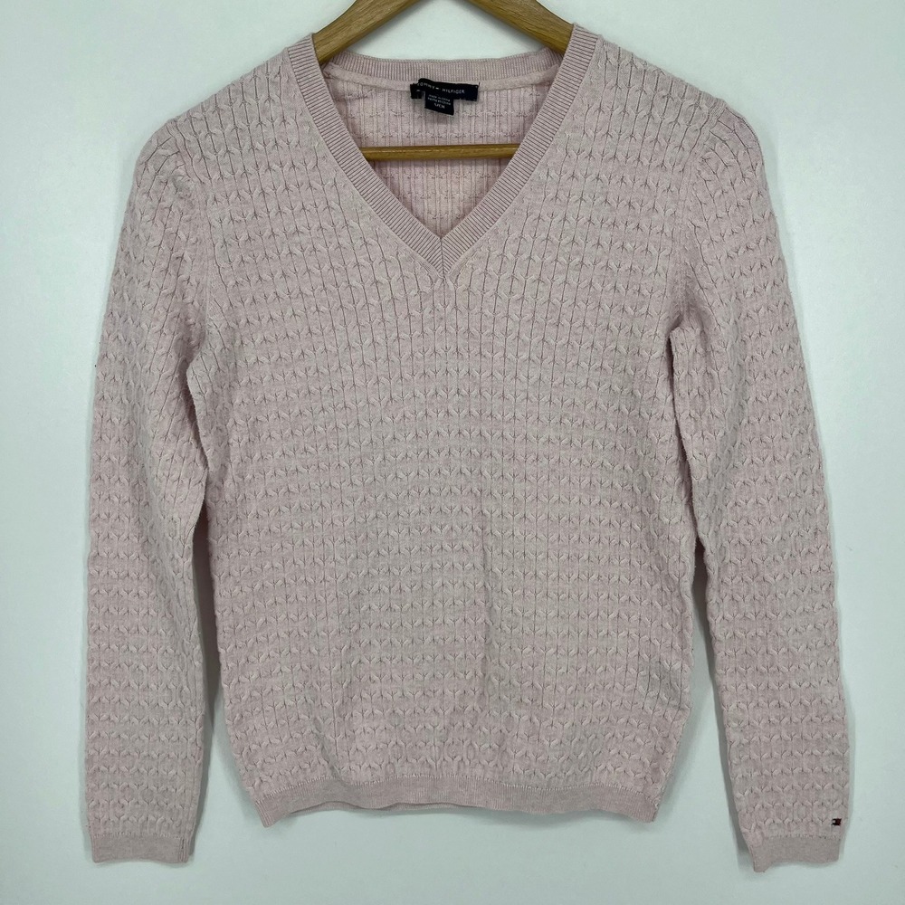 Tommy Hilfiger Womens V-Neck Cable Knit Pink Cotton Blend Sweater Small